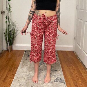 Marella Mid Rise Floral Crop Cargo Pants Tie-Waist Straight Leg Size 10 Red